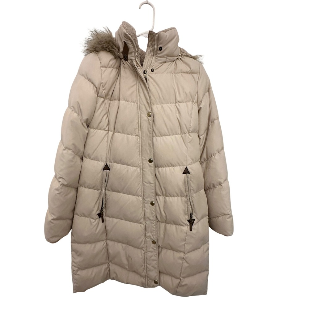 Lauren Ralph Lauren Down Puffer Jacket Womens Medium Cream Good Faux‎ Fur Hood